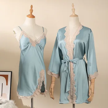 Ženske Pijamas Pižamo Set Home Oblačila Seksi 2PCS PROTI-Vrat Nightdress Haljo Obleke Lady Spanja Oblačilo Kimono Negliže
