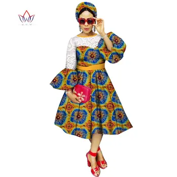 Afriške Obleke za ženske A-line Ruffle Rokavi Ženske obleke Ankara Tkanine Seksi Obleko in Prosti Glavo, Šal 2 Kosa Oblačila WY2551