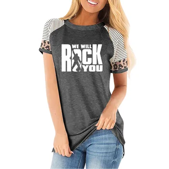Bomo žur Ženske T Shirt Poletje Kraljica Rock Band prugasta leopard Kratek Rokav Bombaž Rock Roll Womens Vrhovi